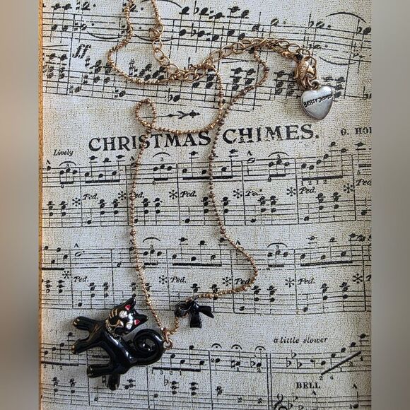 Betsey Johnson Black Cat Pendant Antique Gold Tone Necklace Rhinestone Rare 19' - Picture 2 of 12